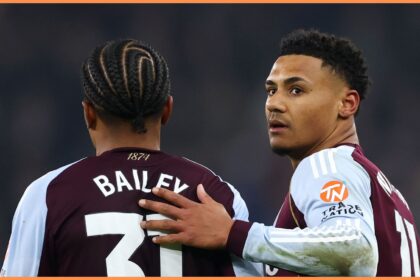 Ollie Watkins celebrates with Leon Bailey