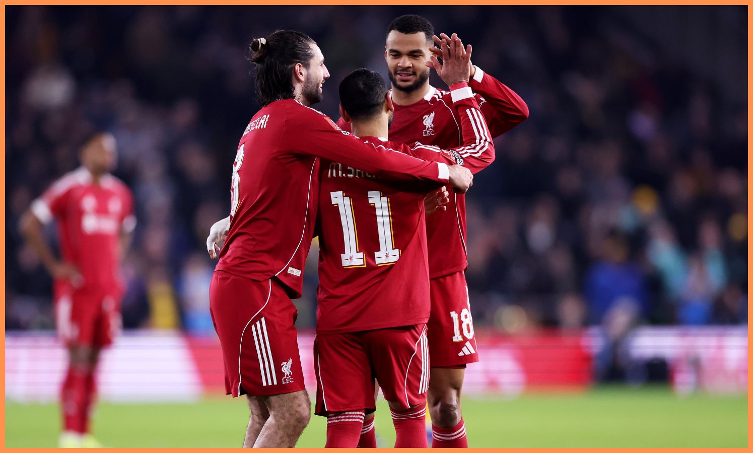 Cody Gakpo celebrates with Mohamed Salah and Dominik Szoboszlai