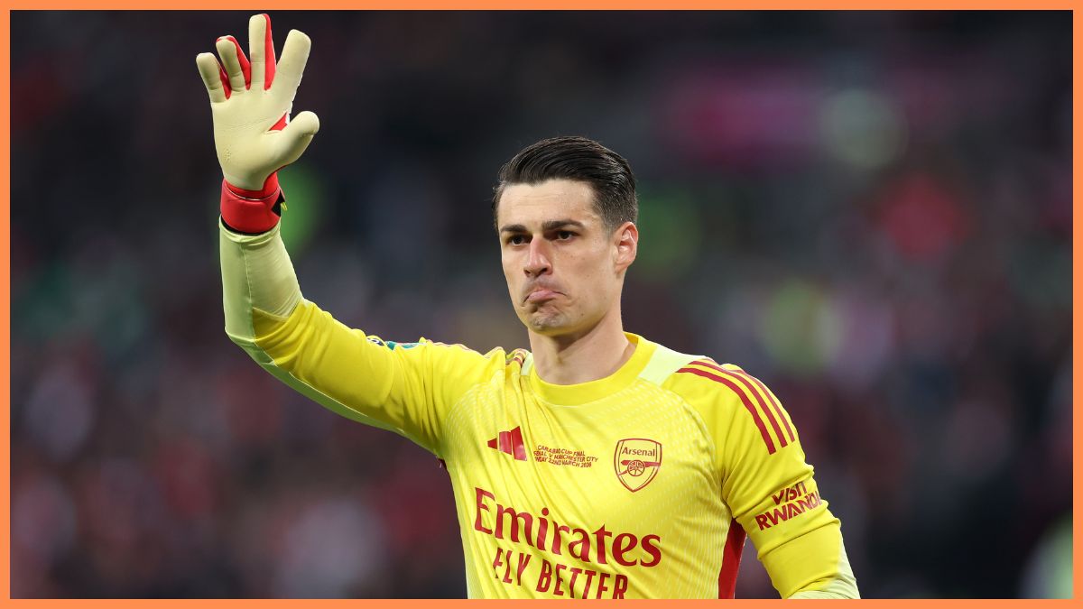 Kepa Arrizabalaga of Arsenal reacts during the Carabao Cup Final match Arsenal and between Manchester City at Wembley