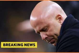 Liverpool manager Arne Slot with breaking news overlay