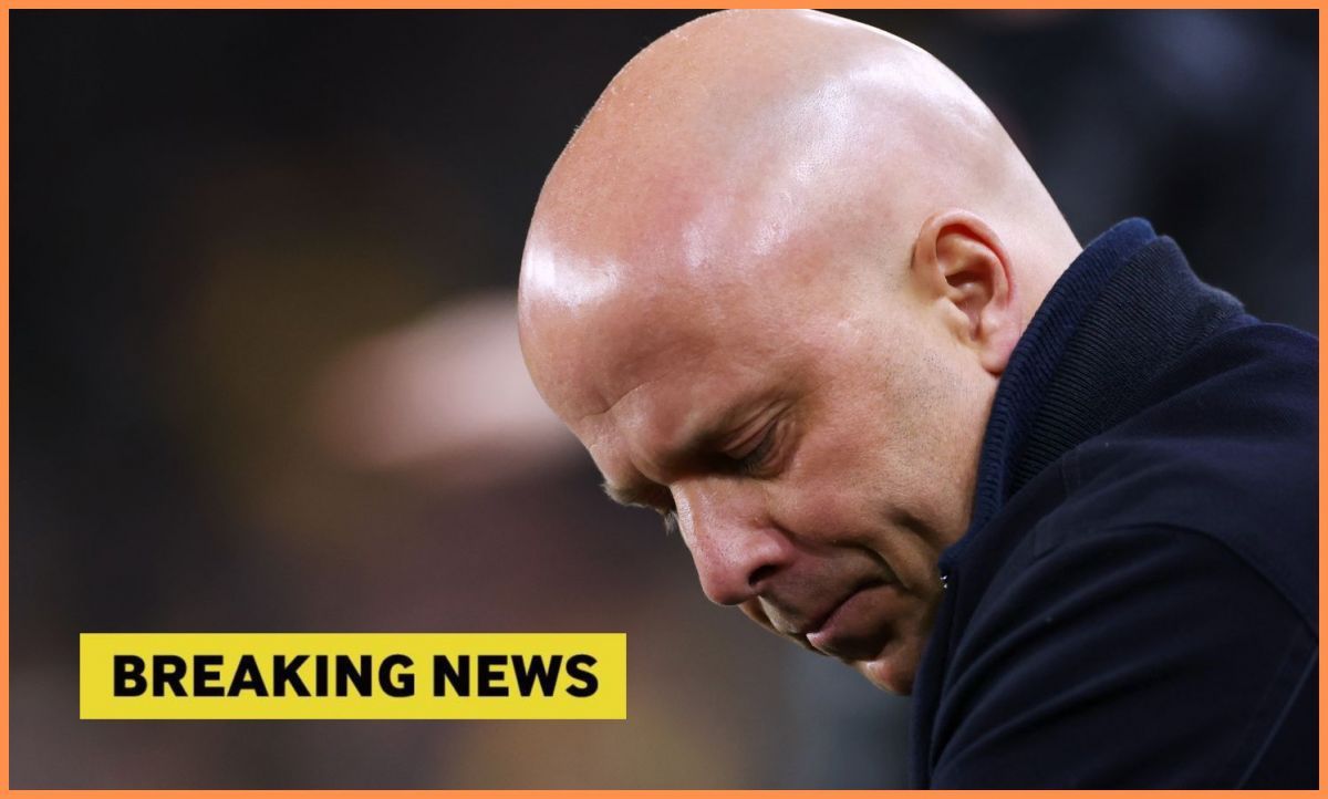 Liverpool manager Arne Slot with breaking news overlay