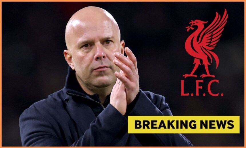 Arne Slot with overlay of Liverpool bird and Breaking News