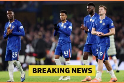Liam Delap and his Chelsea teammates applaud the fans at Stamford Bridge