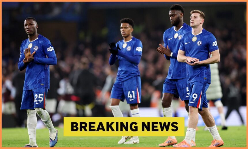 Liam Delap and his Chelsea teammates applaud the fans at Stamford Bridge