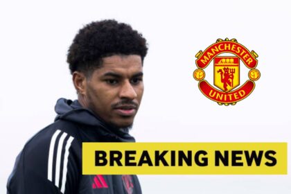 Marcus Rashford with overlay of breaking news and man united badge