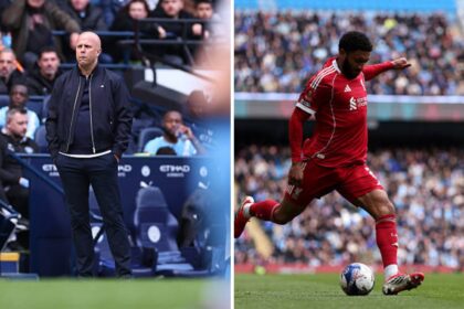 Split image of Arne Slot and Joe Gomez in action during Liverpool vs Manchester City