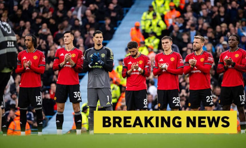 Man United players with overlay of breaking news