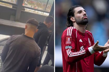 Split image of Liverpool fans leaving Etihad and Dominik Szobsozlai