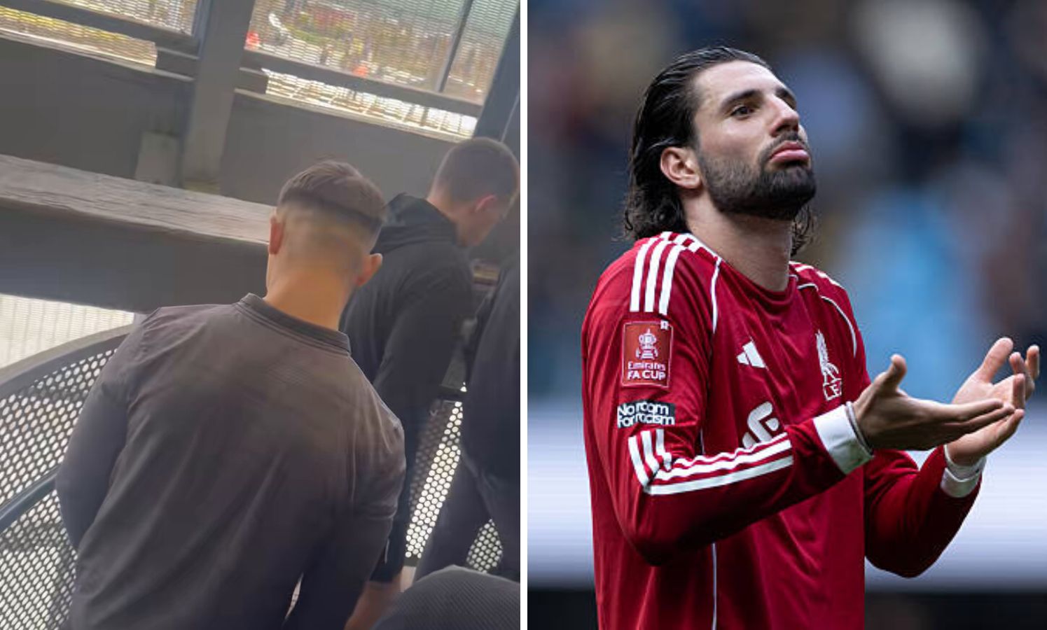 Split image of Liverpool fans leaving Etihad and Dominik Szobsozlai