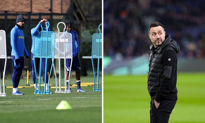 Split image of Spurs training and Roberto de Zerbi