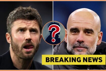 Split image of Pep Guardiola and Michael Carrick with overlay of mystery player