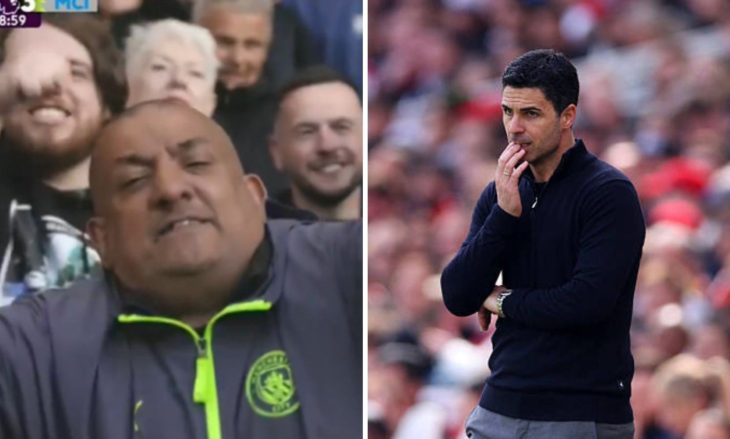 Split image of Arsenal fan and Mikel Arteta