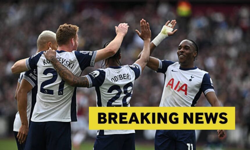 Tottenham players with overlay of breaking news