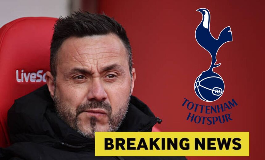 Roberto De Zerbi with overlay of breaking news and tottenham badge