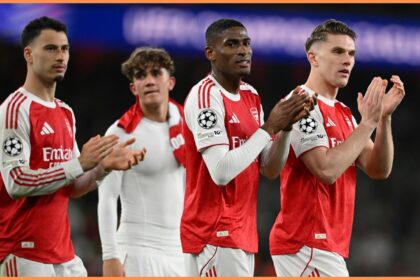 Gabriel Martinelli, Cristhian Mosquera, and Viktor Gyokeres applaud the Arsenal fans