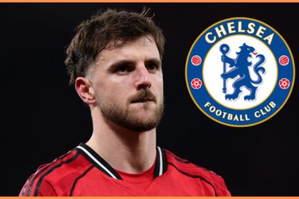 Mason Mount and the Chelsea logo
