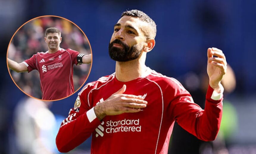 Mohamed Salah celebrating after scoring vs Everton with overlay of Steven Gerrard