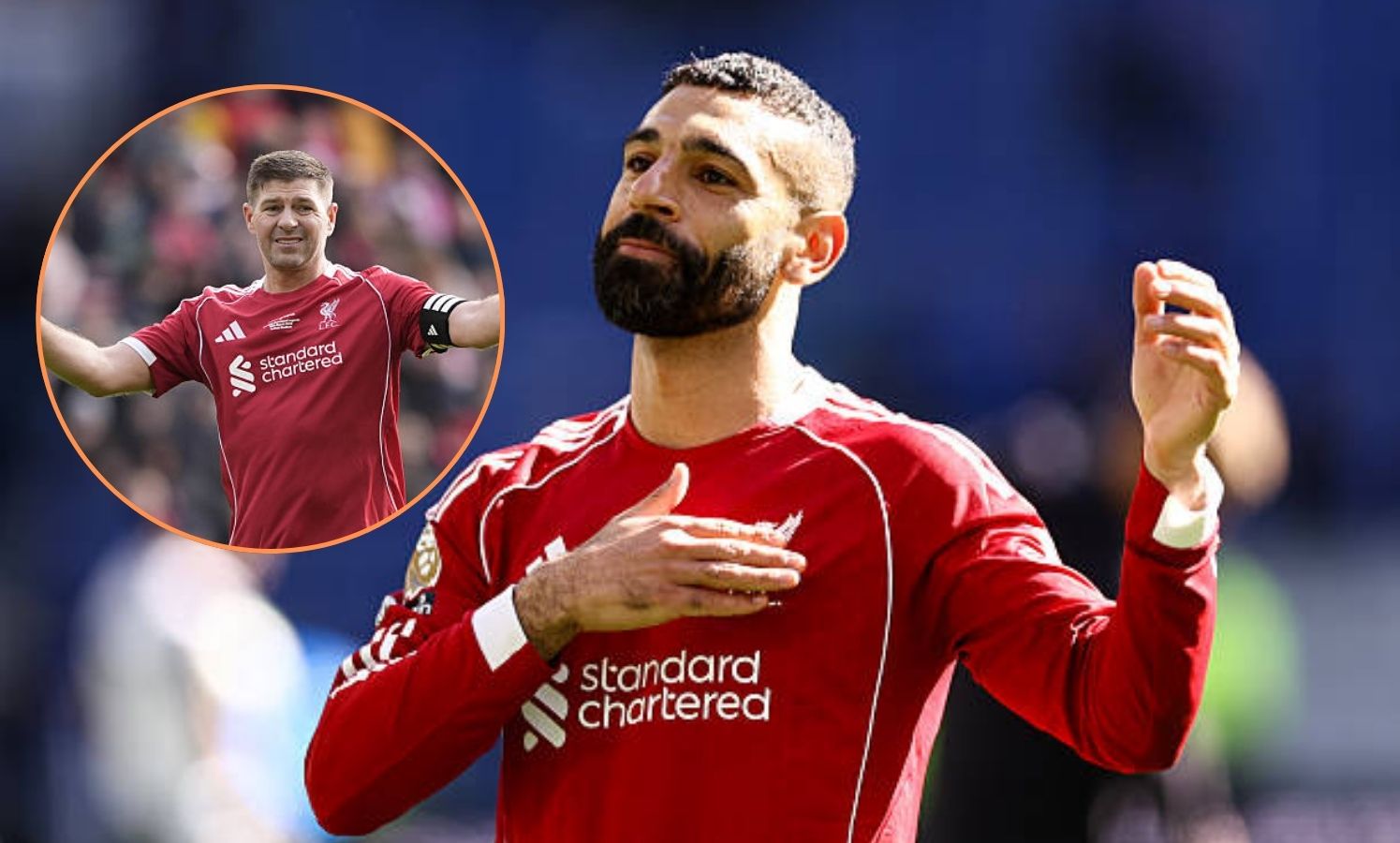 Mohamed Salah celebrating after scoring vs Everton with overlay of Steven Gerrard