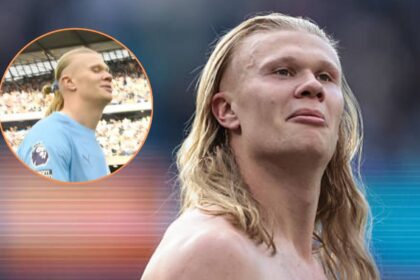 Erling Haaland after beating Arsenal with overlay of Haaland singing to the camera