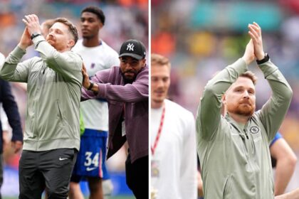 Split image of Calum McFarlane with Reece James and Calum McFarlane applauding the fans