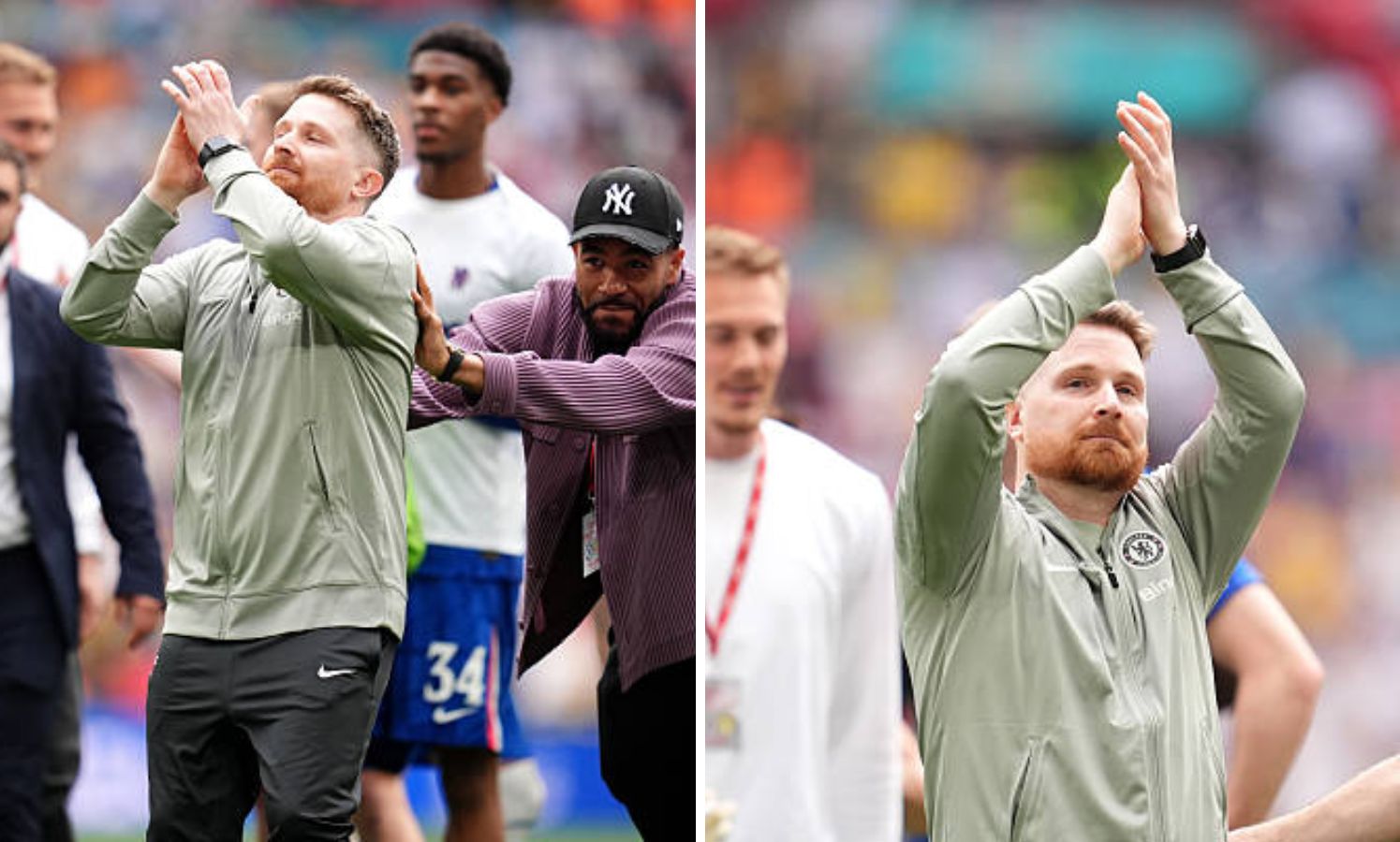 Split image of Calum McFarlane with Reece James and Calum McFarlane applauding the fans