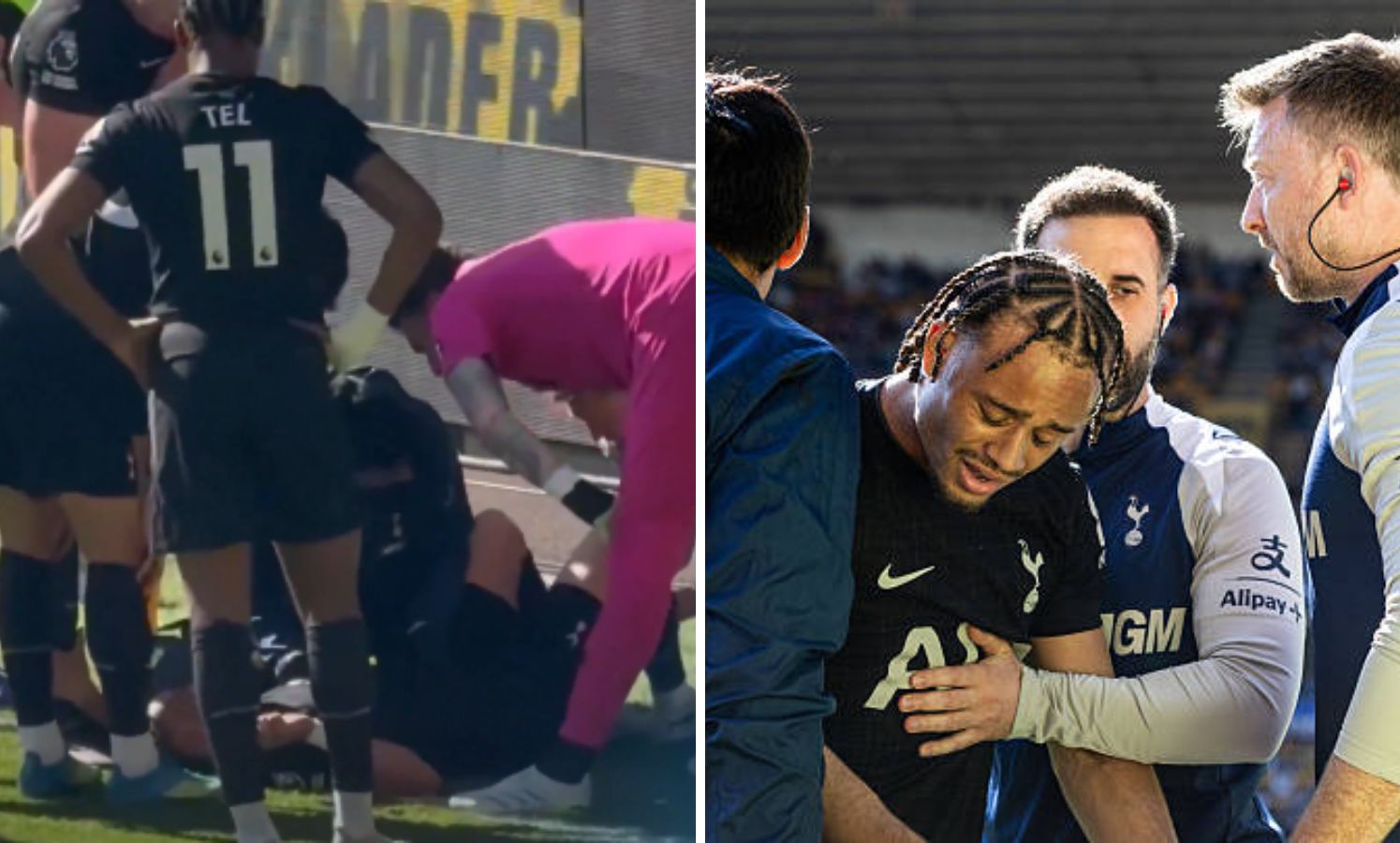 Split image of Xavi Simons after being injured vs Wolves and Simons being taken off injured