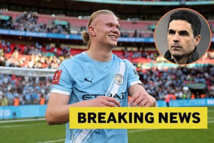 Erling Haaland with overlay of Arteta