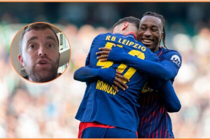 Yan Diomande celebrates with RB Leipzig teammate Romulo Jose Cardoso Da Cruz