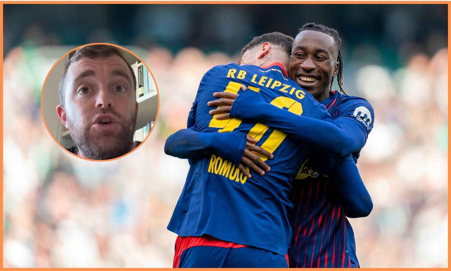 Yan Diomande celebrates with RB Leipzig teammate Romulo Jose Cardoso Da Cruz