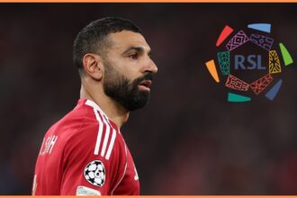 Mohamed Salah of Liverpool and the Saudi Pro League logo