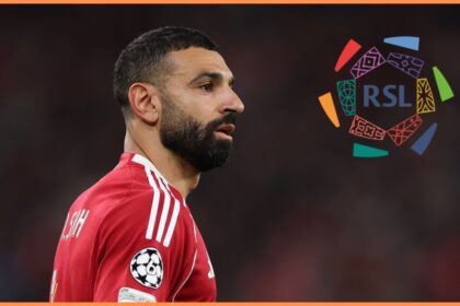 Mohamed Salah of Liverpool and the Saudi Pro League logo