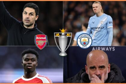 Mikel Arteta, Erling Haaland, Bukayo Saka, and Pep Guardiola