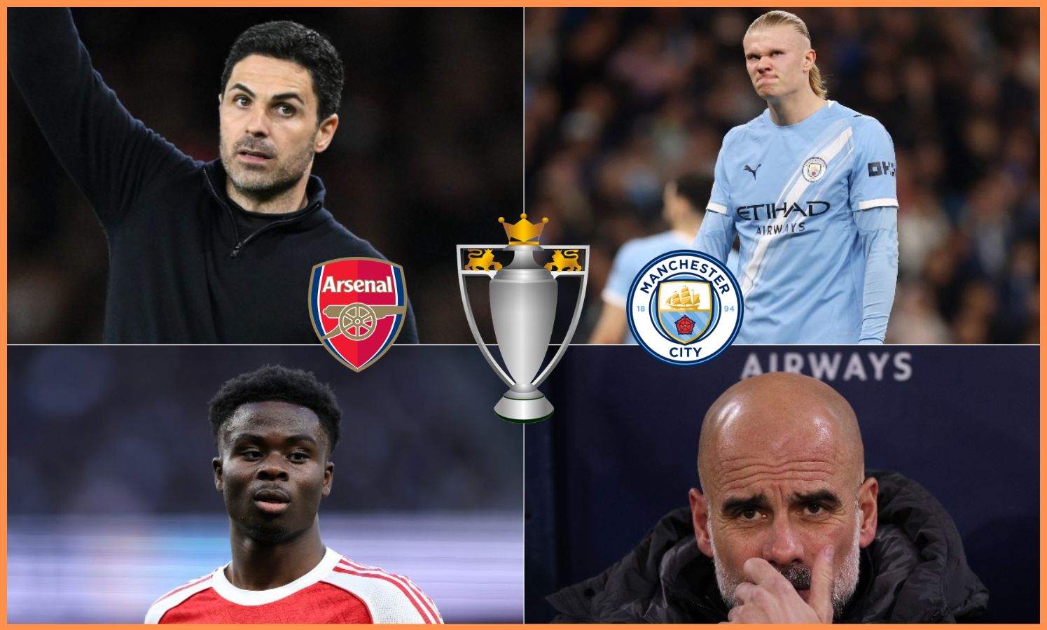 Mikel Arteta, Erling Haaland, Bukayo Saka, and Pep Guardiola