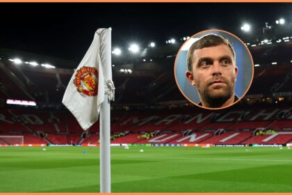 Fabrizio Romano and the Manchester United logo on a corner flag