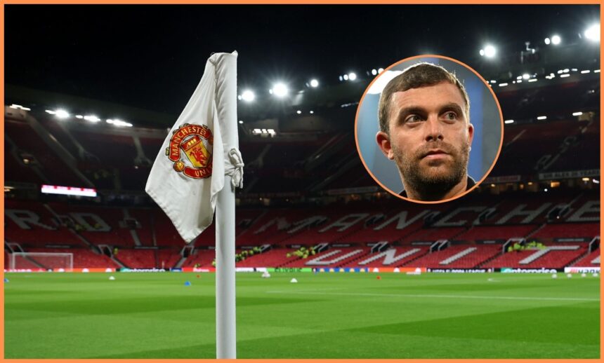 Fabrizio Romano and the Manchester United logo on a corner flag