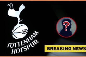 Tottenham badge with mystery player overlay and breaking news overlay