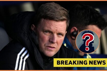 Eddie Howe with breaking news and mystery man overlay
