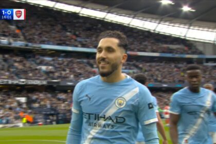 Rayan Cherki celebrating goal