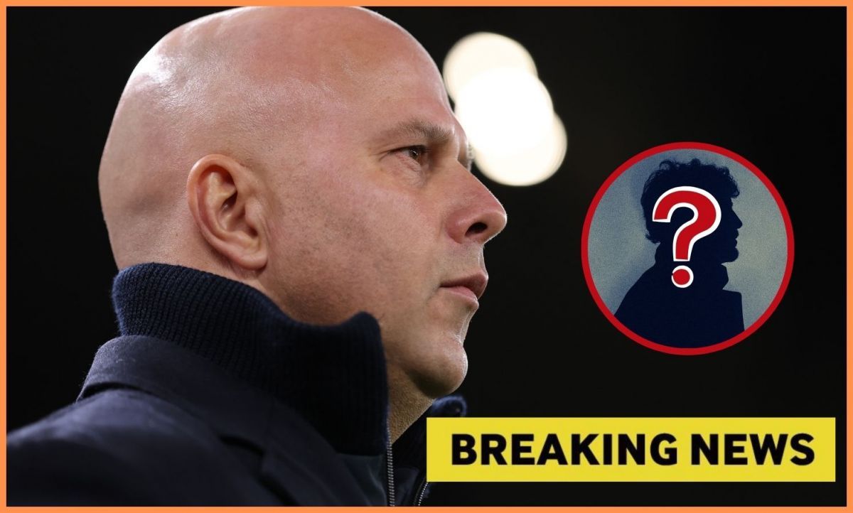 Liverpool boss Arne Slot with overlay of breaking news and mystery player