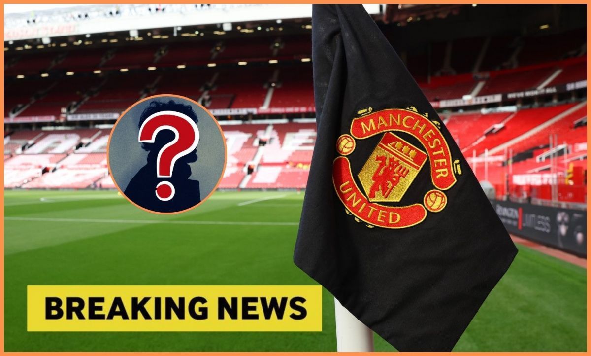 Man United corner flag with overlay of breaking news and mystery player