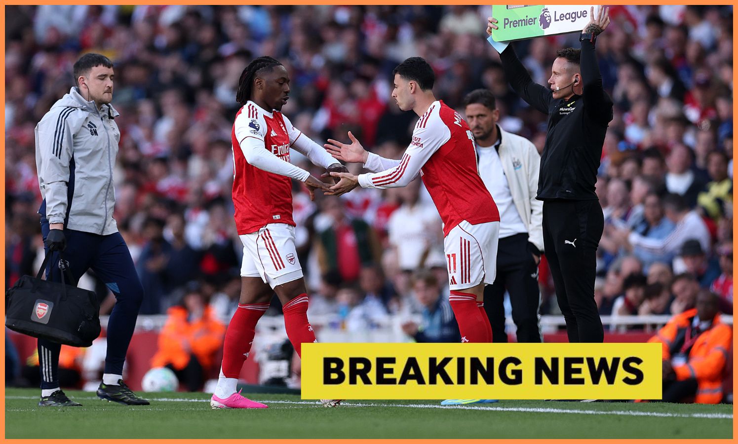 Gabriel Martinelli replaces Eberechi Eze as a substitute during the Premier League match between Arsenal and Newcastle at Emirates Stadium