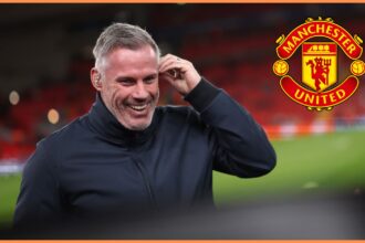 Jamie Carragher and the Manchester United logo