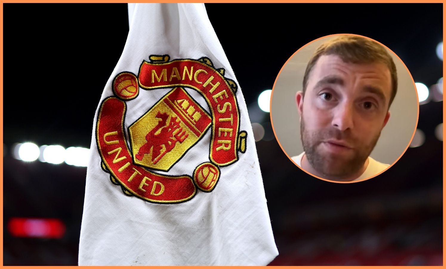 Fabrizio Romano and Man United logo on corner flag