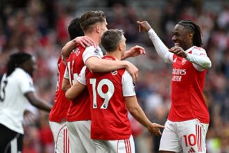 Viktor Gyokeres celebrates after scoring for Arsenal