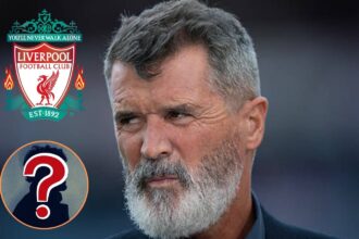 Roy Keane with overlay of Liverpool badge and mystery player