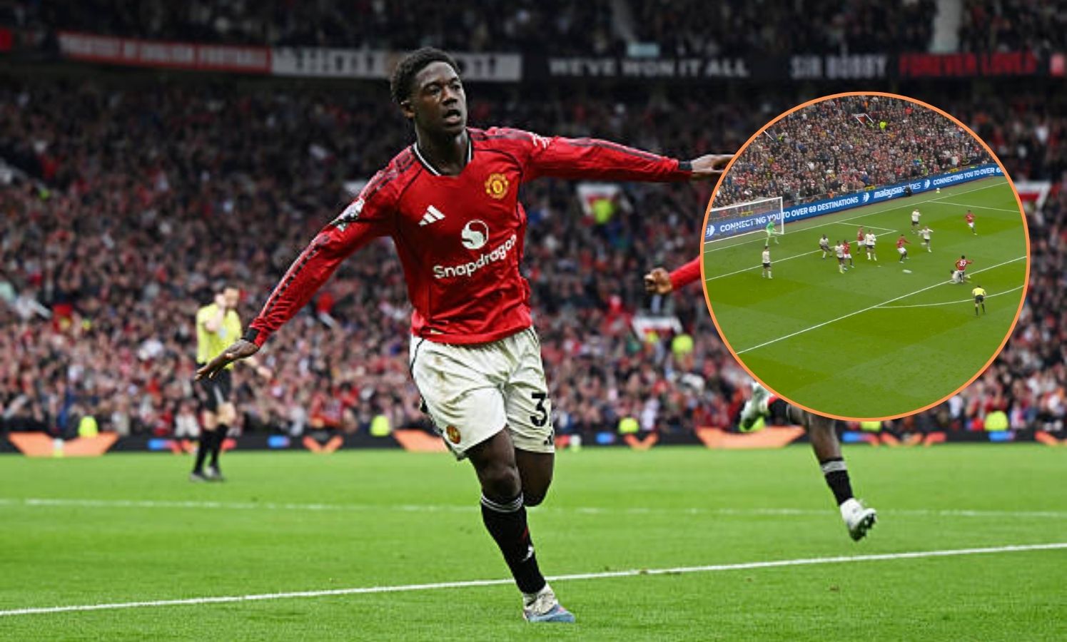 Kobbie Mainoo celebrates his winner vs Liverpool