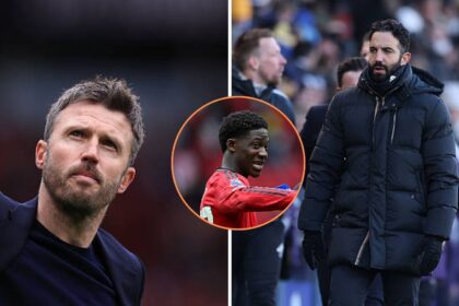 Split image of Michael Carrick and Ruben Amorim and overlay of Kobbie Mainoo
