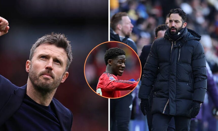 Split image of Michael Carrick and Ruben Amorim and overlay of Kobbie Mainoo