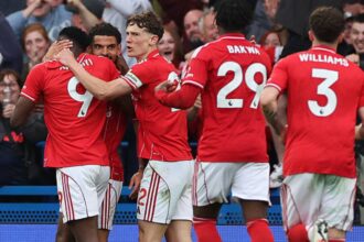 Nottingham Forest players celebrate against Chelsea