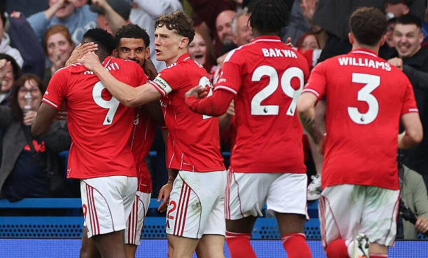 Nottingham Forest players celebrate against Chelsea